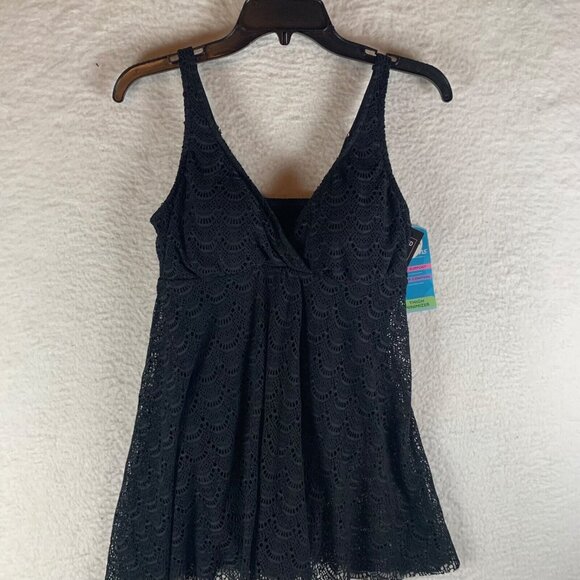 Swim Solutions Women's Tummy‎ Control Flyaway Black V-Neck Swimdress Size 12 NWT - Picture 1 of 10